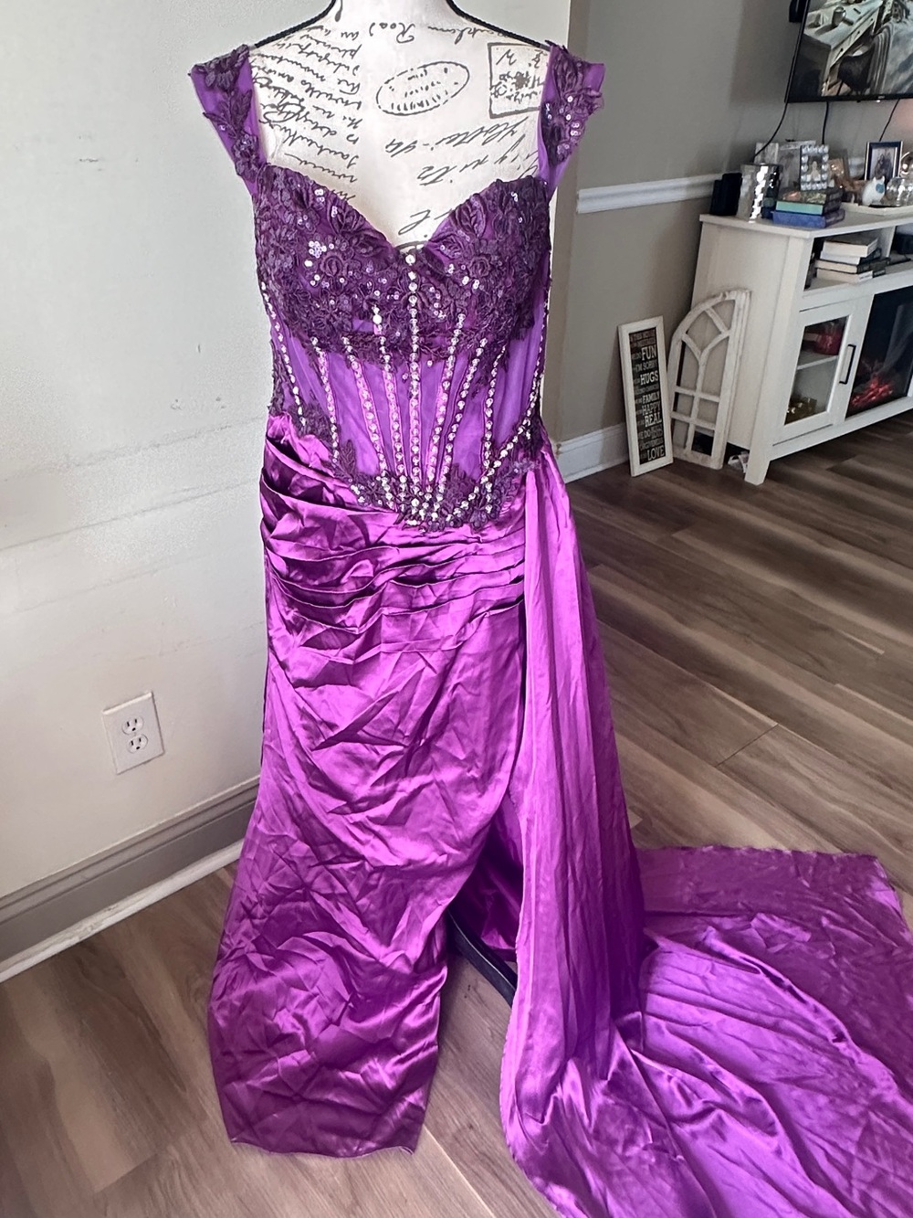 Elegant Purple Lace & Satin Evening Gown
